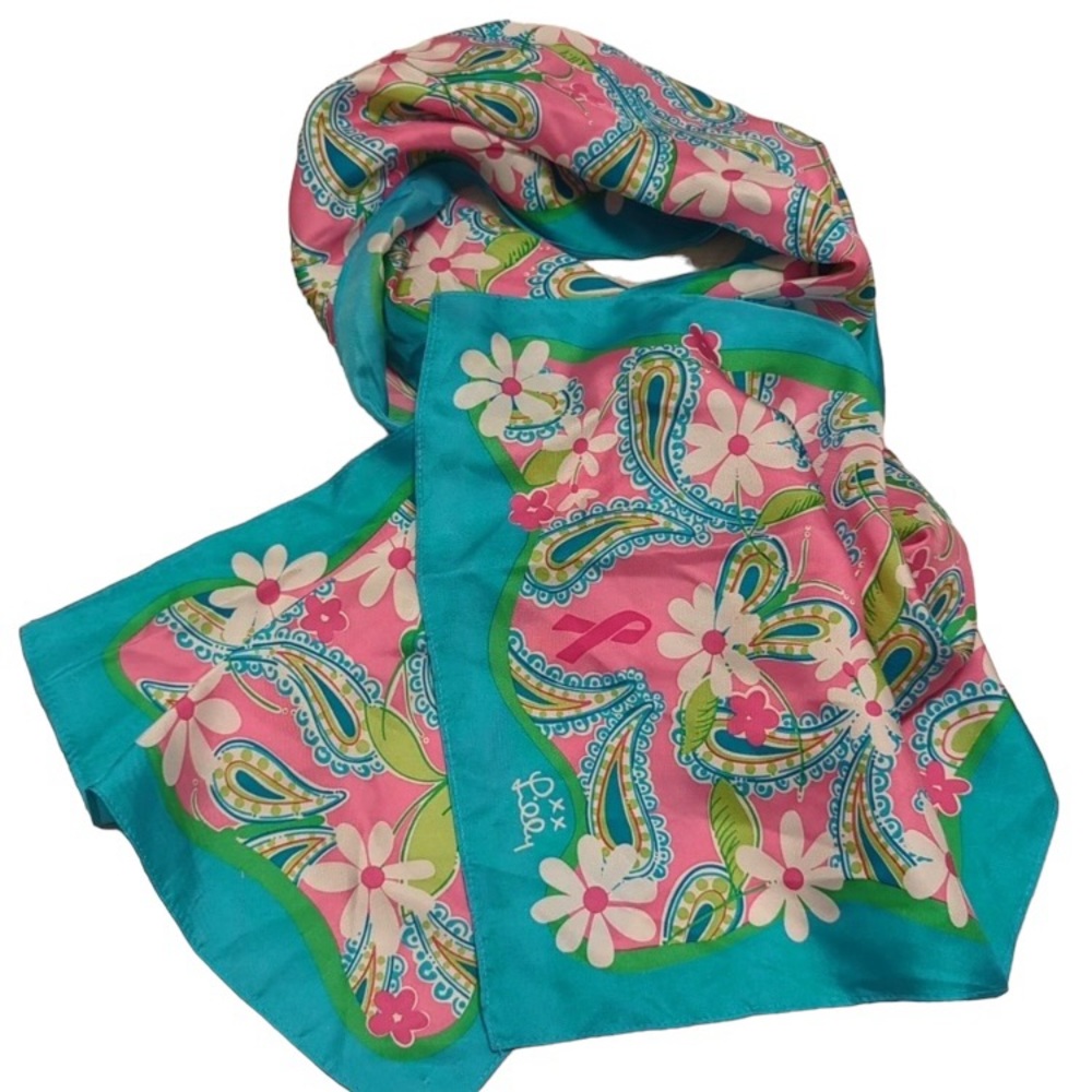Lilly Pulitzer Silk Scarf Paisley Floral Butterfly Blue Pink and Green Scarf